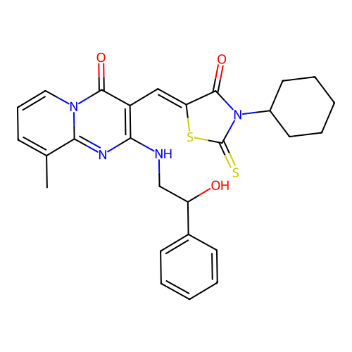 3-[(Z)-(3-cyclohexyl-4-oxo-2-thioxo-1,3-thiazolidin-5-ylidene)methyl]-2-[(2-hydroxy-2-phenylethyl)amino]-9-methyl-4H-pyrido[1,2-a]pyrimidin-4-one structure