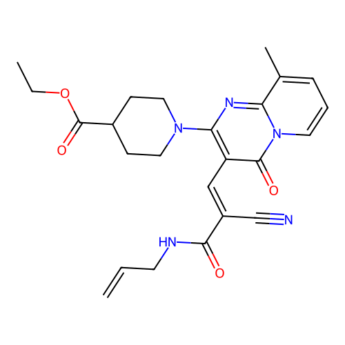(E)-ethyl 1-(3-(3-(allylamino)-2-cyano-3-oxoprop-1-en-1-yl)-9-methyl-4-oxo-4H-pyrido[1,2-a]pyrimidin-2-yl)piperidine-4-carboxylate structure