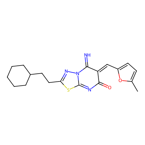 (Z)-2-(2-cyclohexylethyl)-5-imino-6-((5-methylfuran-2-yl)methylene)-5H-[1,3,4]thiadiazolo[3,2-a]pyrimidin-7(6H)-one structure