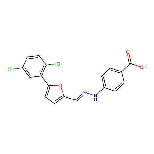 4-[(2E)-2-{[5-(2,5-dichlorophenyl)furan-2-yl]methylidene}hydrazinyl]benzoic acid structure
