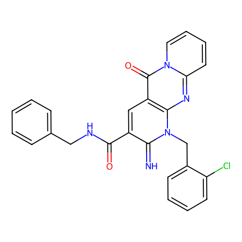 N-benzyl-1-(2-chlorobenzyl)-2-imino-5-oxo-1,5-dihydro-2H-dipyrido[1,2-a:2',3'-d]pyrimidine-3-carboxamide structure