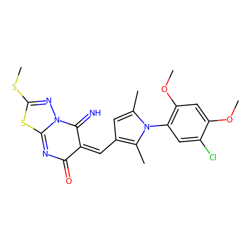 (6E)-6-[[1-(5-chloro-2,4-dimethoxyphenyl)-2,5-dimethylpyrrol-3-yl]methylidene]-5-imino-2-methylsulfanyl-[1,3,4]thiadiazolo[3,2-a]pyrimidin-7-one structure