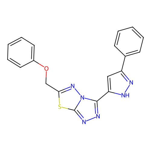 6-(phenoxymethyl)-3-(3-phenyl-1H-pyrazol-5-yl)-[1,2,4]triazolo[3,4-b][1,3,4]thiadiazole structure