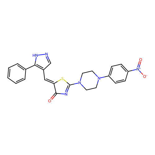 (5Z)-2-[4-(4-nitrophenyl)piperazin-1-yl]-5-[(5-phenyl-1H-pyrazol-4-yl)methylidene]-1,3-thiazol-4(5H)-one structure