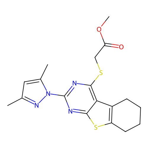 methyl {[2-(3,5-dimethyl-1H-pyrazol-1-yl)-5,6,7,8-tetrahydro[1]benzothieno[2,3-d]pyrimidin-4-yl]sulfanyl}acetate structure