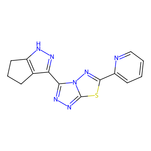 6-(pyridin-2-yl)-3-(1,4,5,6-tetrahydrocyclopenta[c]pyrazol-3-yl)[1,2,4]triazolo[3,4-b][1,3,4]thiadiazole structure