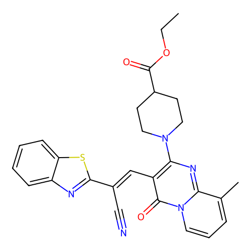 (E)-ethyl 1-(3-(2-(benzo[d]thiazol-2-yl)-2-cyanovinyl)-9-methyl-4-oxo-4H-pyrido[1,2-a]pyrimidin-2-yl)piperidine-4-carboxylate structure