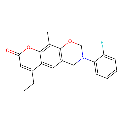 6-ethyl-3-(2-fluorophenyl)-10-methyl-2,4-dihydropyrano[3,2-g][1,3]benzoxazin-8-one structure