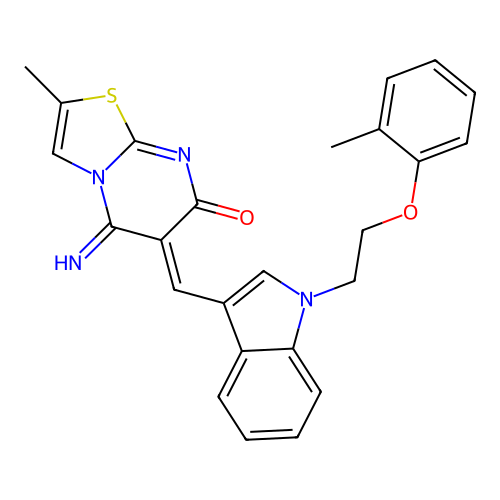 (6Z)-5-imino-2-methyl-6-({1-[2-(2-methylphenoxy)ethyl]-1H-indol-3-yl}methylidene)-5,6-dihydro-7H-[1,3]thiazolo[3,2-a]pyrimidin-7-one structure