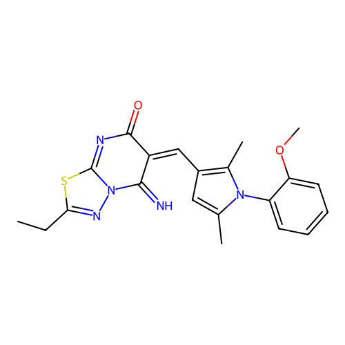 (6E)-2-ethyl-5-imino-6-[[1-(2-methoxyphenyl)-2,5-dimethylpyrrol-3-yl]methylidene]-[1,3,4]thiadiazolo[3,2-a]pyrimidin-7-one structure