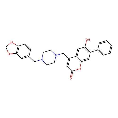 4-((4-(benzo[d][1,3]dioxol-5-ylmethyl)piperazin-1-yl)methyl)-6-hydroxy-7-phenyl-2H-chromen-2-one structure