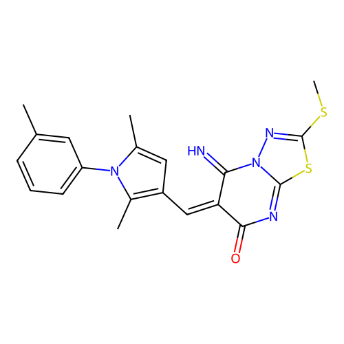 (6E)-6-[[2,5-dimethyl-1-(3-methylphenyl)pyrrol-3-yl]methylidene]-5-imino-2-methylsulfanyl-[1,3,4]thiadiazolo[3,2-a]pyrimidin-7-one structure