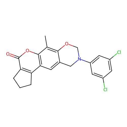 9-(3,5-dichlorophenyl)-6-methyl-2,3,9,10-tetrahydro-1H-cyclopenta[3,4]chromeno[6,7-e][1,3]oxazin-4(8H)-one structure