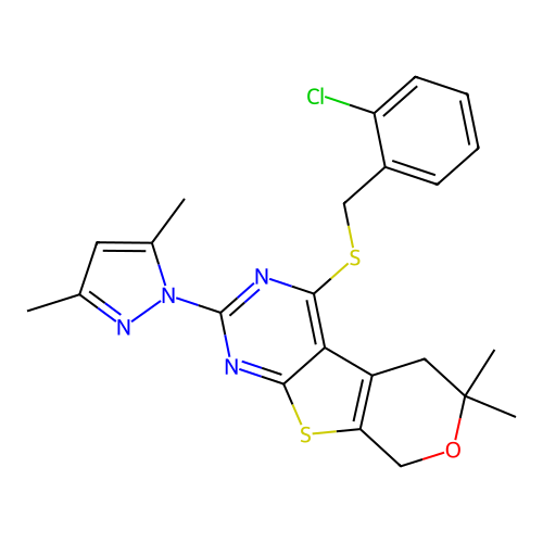 4-((2-chlorobenzyl)thio)-2-(3,5-dimethyl-1H-pyrazol-1-yl)-6,6-dimethyl-6,8-dihydro-5H-pyrano[4',3':4,5]thieno[2,3-d]pyrimidine structure
