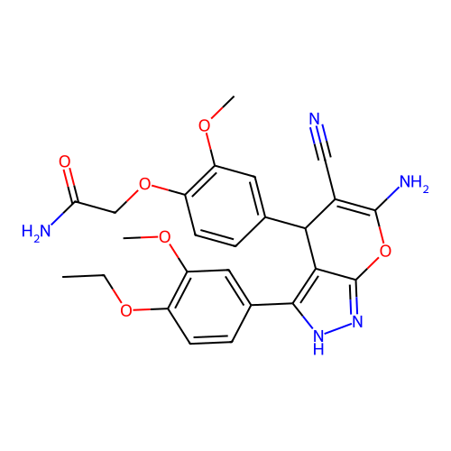 2-(4-(6-amino-5-cyano-3-(4-ethoxy-3-methoxyphenyl)-1,4-dihydropyrano[2,3-c]pyrazol-4-yl)-2-methoxyphenoxy)acetamide structure
