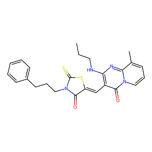 (Z)-5-((9-methyl-4-oxo-2-(propylamino)-4H-pyrido[1,2-a]pyrimidin-3-yl)methylene)-3-(3-phenylpropyl)-2-thioxothiazolidin-4-one structure