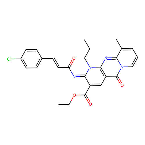 (Z)-ethyl 2-(((E)-3-(4-chlorophenyl)acryloyl)imino)-10-methyl-5-oxo-1-propyl-2,5-dihydro-1H-dipyrido[1,2-a:2',3'-d]pyrimidine-3-carboxylate structure