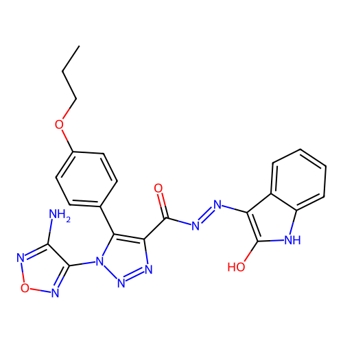 (Z)-1-(4-amino-1,2,5-oxadiazol-3-yl)-N'-(2-oxoindolin-3-ylidene)-5-(4-propoxyphenyl)-1H-1,2,3-triazole-4-carbohydrazide structure