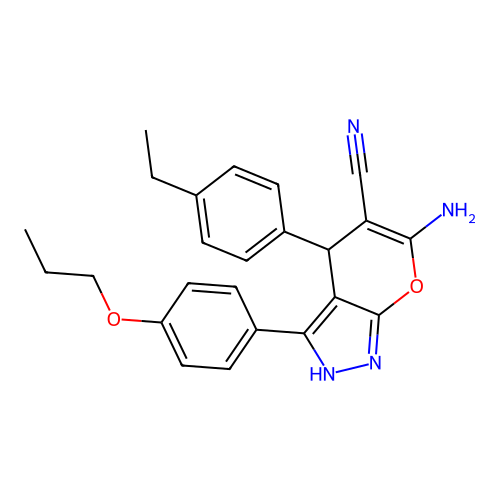 6-amino-4-(4-ethylphenyl)-3-(4-propoxyphenyl)-2,4-dihydropyrano[2,3-c]pyrazole-5-carbonitrile structure