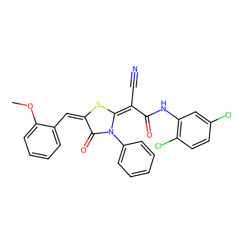 (2E)-2-cyano-N-(2,5-dichlorophenyl)-2-[(5E)-5-[(2-methoxyphenyl)methylidene]-4-oxo-3-phenyl-1,3-thiazolidin-2-ylidene]acetamide structure