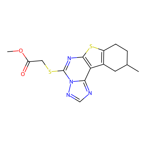 methyl [(10-methyl-8,9,10,11-tetrahydro[1]benzothieno[3,2-e][1,2,4]triazolo[1,5-c]pyrimidin-5-yl)sulfanyl]acetate structure