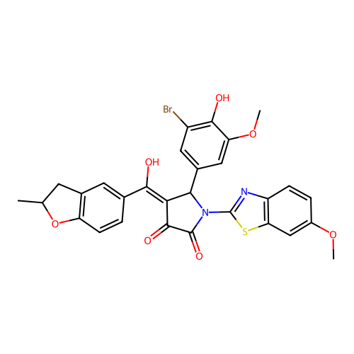 (4E)-5-(3-bromo-4-hydroxy-5-methoxyphenyl)-4-[hydroxy(2-methyl-2,3-dihydro-1-benzofuran-5-yl)methylidene]-1-(6-methoxy-1,3-benzothiazol-2-yl)pyrrolidine-2,3-dione structure
