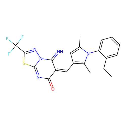 (E)-6-((1-(2-ethylphenyl)-2,5-dimethyl-1H-pyrrol-3-yl)methylene)-5-imino-2-(trifluoromethyl)-5H-[1,3,4]thiadiazolo[3,2-a]pyrimidin-7(6H)-one structure