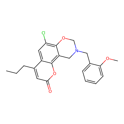 6-chloro-9-(2-methoxybenzyl)-4-propyl-9,10-dihydrochromeno[8,7-e][1,3]oxazin-2(8H)-one structure