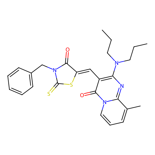 3-[(Z)-(3-benzyl-4-oxo-2-thioxo-1,3-thiazolidin-5-ylidene)methyl]-2-(dipropylamino)-9-methyl-4H-pyrido[1,2-a]pyrimidin-4-one structure