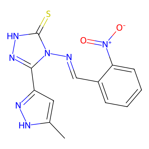 5-(5-Methyl-2H-pyrazol-3-yl)-4-{[1-(2-nitro-phenyl)-meth-(E)-ylidene]-amino}-4H-[1,2,4]triazole-3-thiol structure