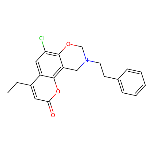 6-chloro-4-ethyl-9-(2-phenylethyl)-8H,10H-chromeno[8,7-e]1,3-oxazaperhydroin-2 -one structure
