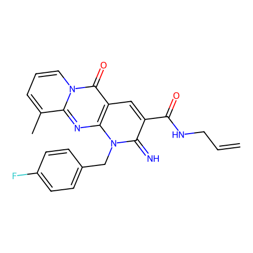 7-[(4-fluorophenyl)methyl]-6-imino-11-methyl-2-oxo-N-(prop-2-en-1-yl)-1,7,9-triazatricyclo[8.4.0.0^{3,8}]tetradeca-3(8),4,9,11,13-pentaene-5-carboxamide structure
