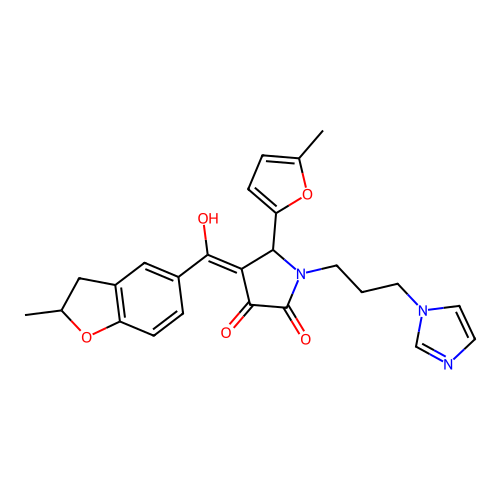 (4E)-4-[hydroxy-(2-methyl-2,3-dihydro-1-benzofuran-5-yl)methylidene]-1-(3-imidazol-1-ylpropyl)-5-(5-methylfuran-2-yl)pyrrolidine-2,3-dione structure