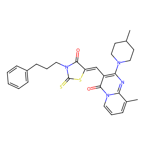 (Z)-5-((9-methyl-2-(4-methylpiperidin-1-yl)-4-oxo-4H-pyrido[1,2-a]pyrimidin-3-yl)methylene)-3-(3-phenylpropyl)-2-thioxothiazolidin-4-one structure