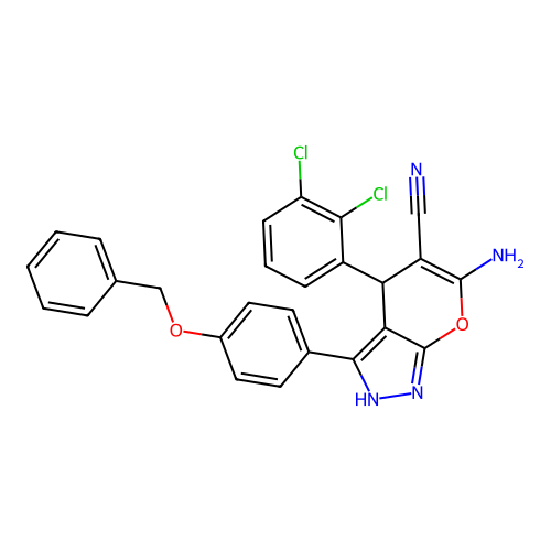 6-amino-3-(4-(benzyloxy)phenyl)-4-(2,3-dichlorophenyl)-1,4-dihydropyrano[2,3-c]pyrazole-5-carbonitrile structure