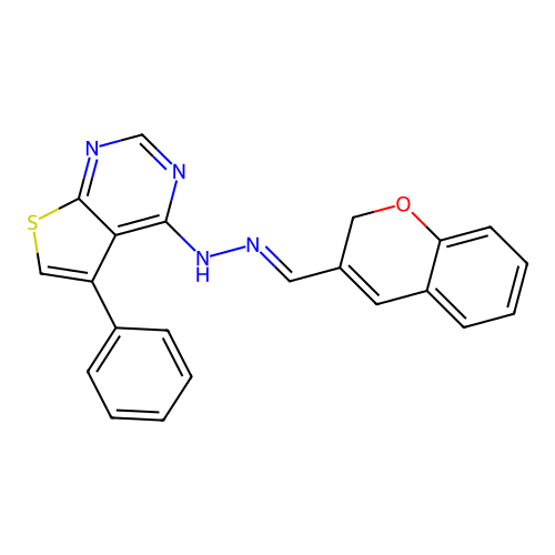 (E)-4-(2-((2H-chromen-3-yl)methylene)hydrazinyl)-5-phenylthieno[2,3-d]pyrimidine structure