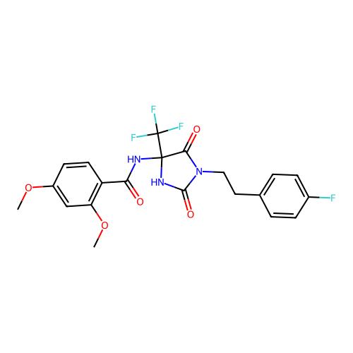 N-(1-(4-fluorophenethyl)-2,5-dioxo-4-(trifluoromethyl)imidazolidin-4-yl)-2,4-dimethoxybenzamide structure