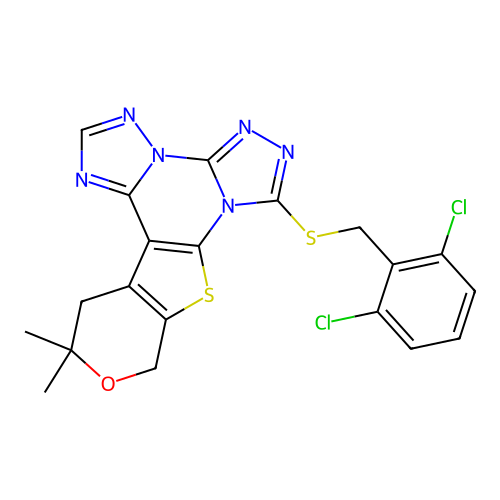 7-((2,6-dichlorobenzyl)thio)-12,12-dimethyl-12,13-dihydro-10H-pyrano[4',3':4,5]thieno[3,2-e]bis([1,2,4]triazolo)[4,3-a:1',5'-c]pyrimidine structure