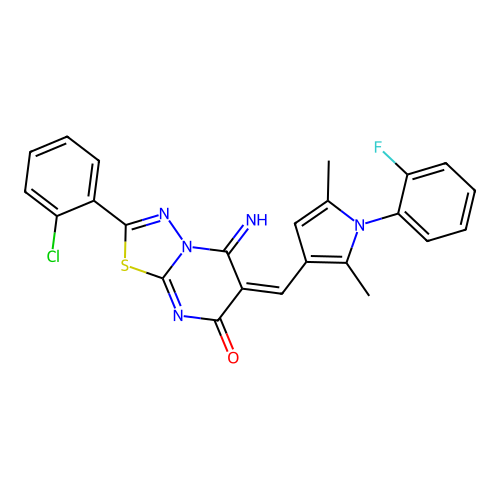 (E)-2-(2-chlorophenyl)-6-((1-(2-fluorophenyl)-2,5-dimethyl-1H-pyrrol-3-yl)methylene)-5-imino-5H-[1,3,4]thiadiazolo[3,2-a]pyrimidin-7(6H)-one structure