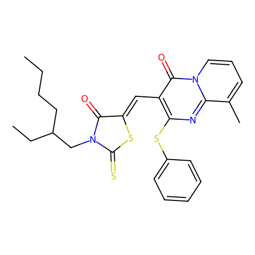 3-{(Z)-[3-(2-ethylhexyl)-4-oxo-2-thioxo-1,3-thiazolidin-5-ylidene]methyl}-9-methyl-2-(phenylsulfanyl)-4H-pyrido[1,2-a]pyrimidin-4-one structure