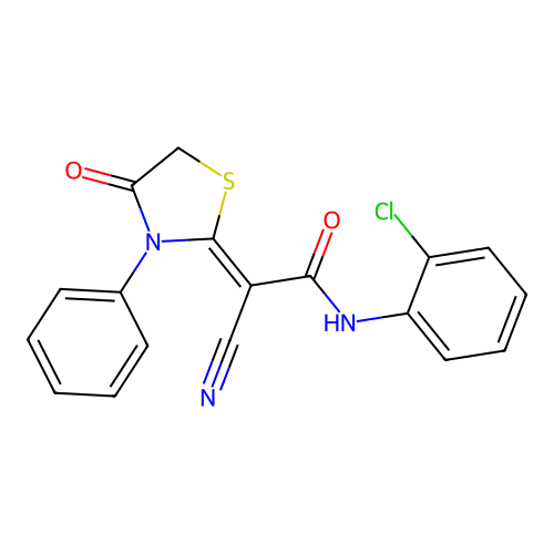 (2Z)-N-(2-chlorophenyl)-2-cyano-2-(4-oxo-3-phenyl-1,3-thiazolidin-2-ylidene)acetamide structure