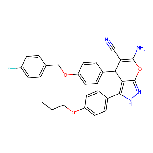6-amino-4-(4-((4-fluorobenzyl)oxy)phenyl)-3-(4-propoxyphenyl)-1,4-dihydropyrano[2,3-c]pyrazole-5-carbonitrile structure