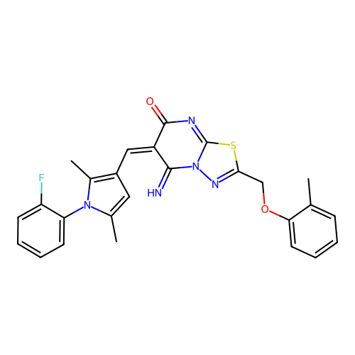 (6E)-6-[[1-(2-fluorophenyl)-2,5-dimethylpyrrol-3-yl]methylidene]-5-imino-2-[(2-methylphenoxy)methyl]-[1,3,4]thiadiazolo[3,2-a]pyrimidin-7-one structure