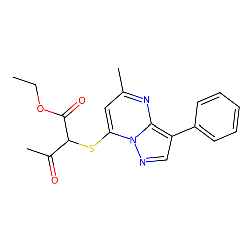 ethyl 2-[(5-methyl-3-phenylpyrazolo[1,5-a]pyrimidin-7-yl)sulfanyl]-3-oxobutanoate structure