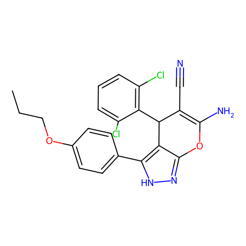 6-amino-4-(2,6-dichlorophenyl)-3-(4-propoxyphenyl)-2,4-dihydropyrano[2,3-c]pyrazole-5-carbonitrile structure