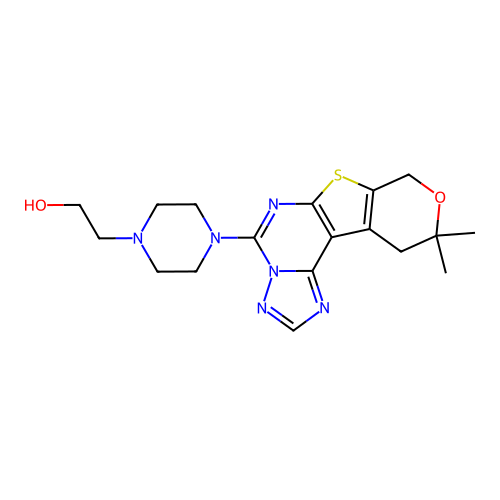 2-(4-(10,10-dimethyl-10,11-dihydro-8H-pyrano[4',3':4,5]thieno[3,2-e][1,2,4]triazolo[1,5-c]pyrimidin-5-yl)piperazin-1-yl)ethanol structure
