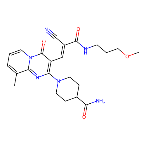 (E)-1-(3-(2-cyano-3-((3-methoxypropyl)amino)-3-oxoprop-1-en-1-yl)-9-methyl-4-oxo-4H-pyrido[1,2-a]pyrimidin-2-yl)piperidine-4-carboxamide structure
