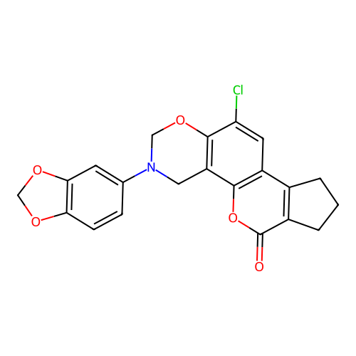 3-(1,3-benzodioxol-5-yl)-11-chloro-3,4,8,9-tetrahydro-2H-cyclopenta[3,4]chromeno[8,7-e][1,3]oxazin-6(7H)-one structure