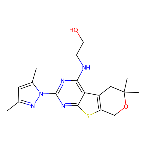 2-((2-(3,5-dimethyl-1H-pyrazol-1-yl)-6,6-dimethyl-6,8-dihydro-5H-pyrano[4',3':4,5]thieno[2,3-d]pyrimidin-4-yl)amino)ethanol structure