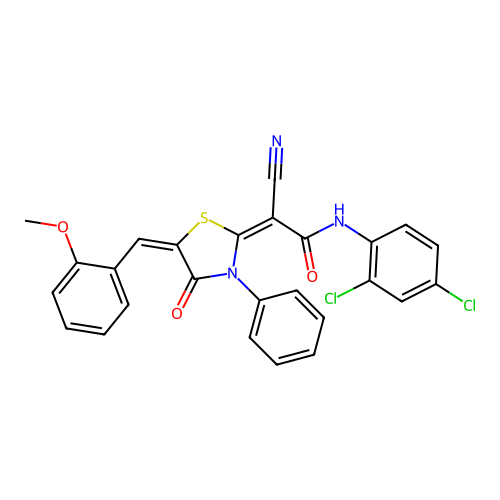 (2E)-2-cyano-N-(2,4-dichlorophenyl)-2-[(5E)-5-[(2-methoxyphenyl)methylidene]-4-oxo-3-phenyl-1,3-thiazolidin-2-ylidene]acetamide structure